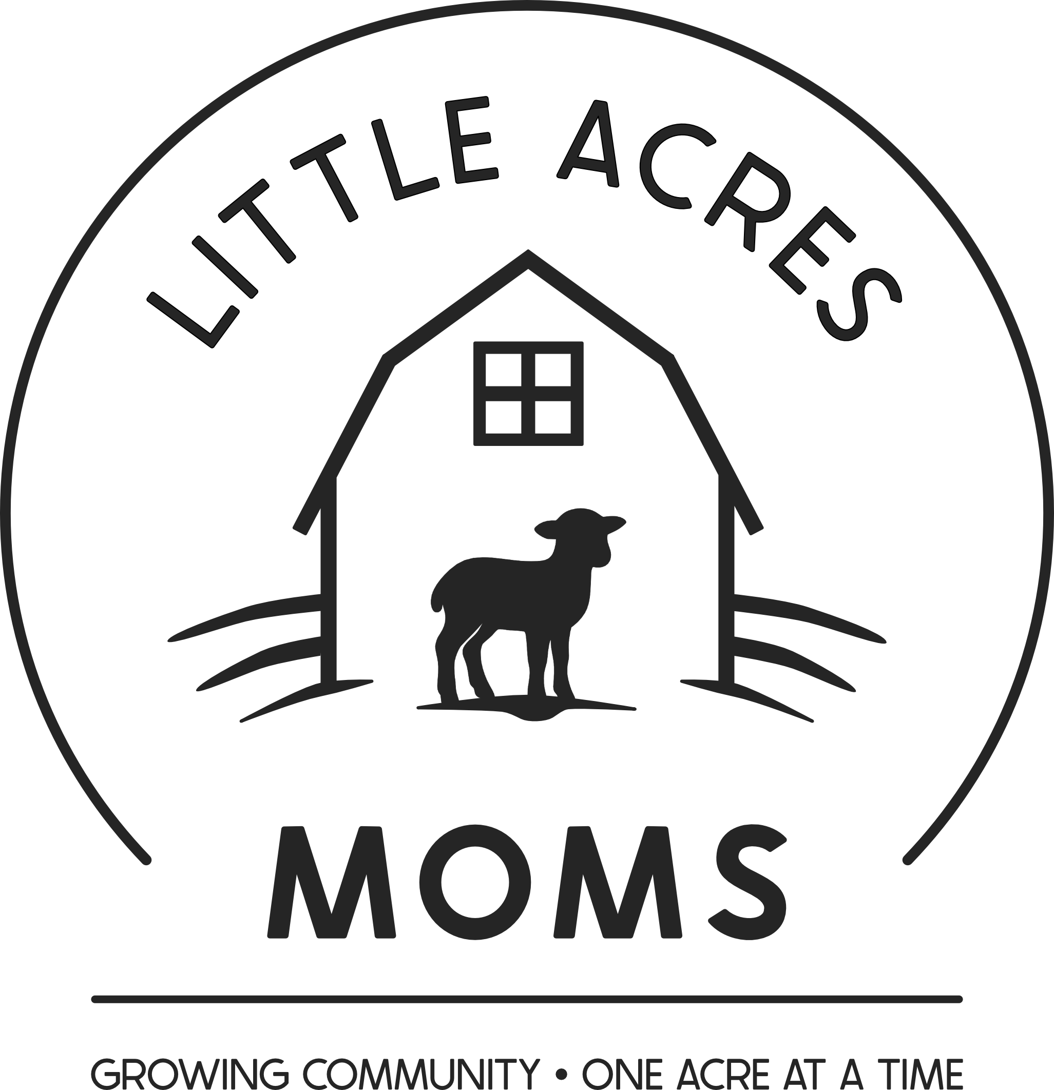 Simple line modern logo with barn outline with lamb in the center. Little Acres Moms with tag line, "Growing community, one acre at a time."